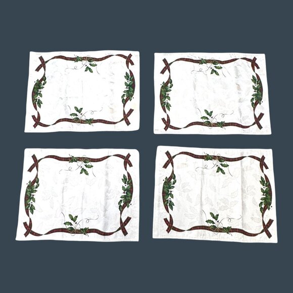 Lenox Set Of 4 Christmas Vintage Holly & Ribbon Pattern Fabric Placemats Holiday - Picture 1 of 4